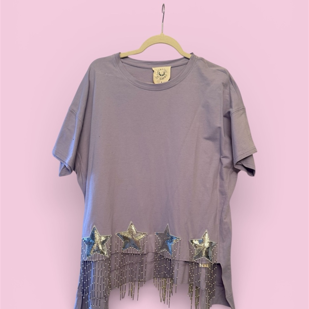 Women's Star Fringe Tee - Lavender Sparkly Womens shirt size medium